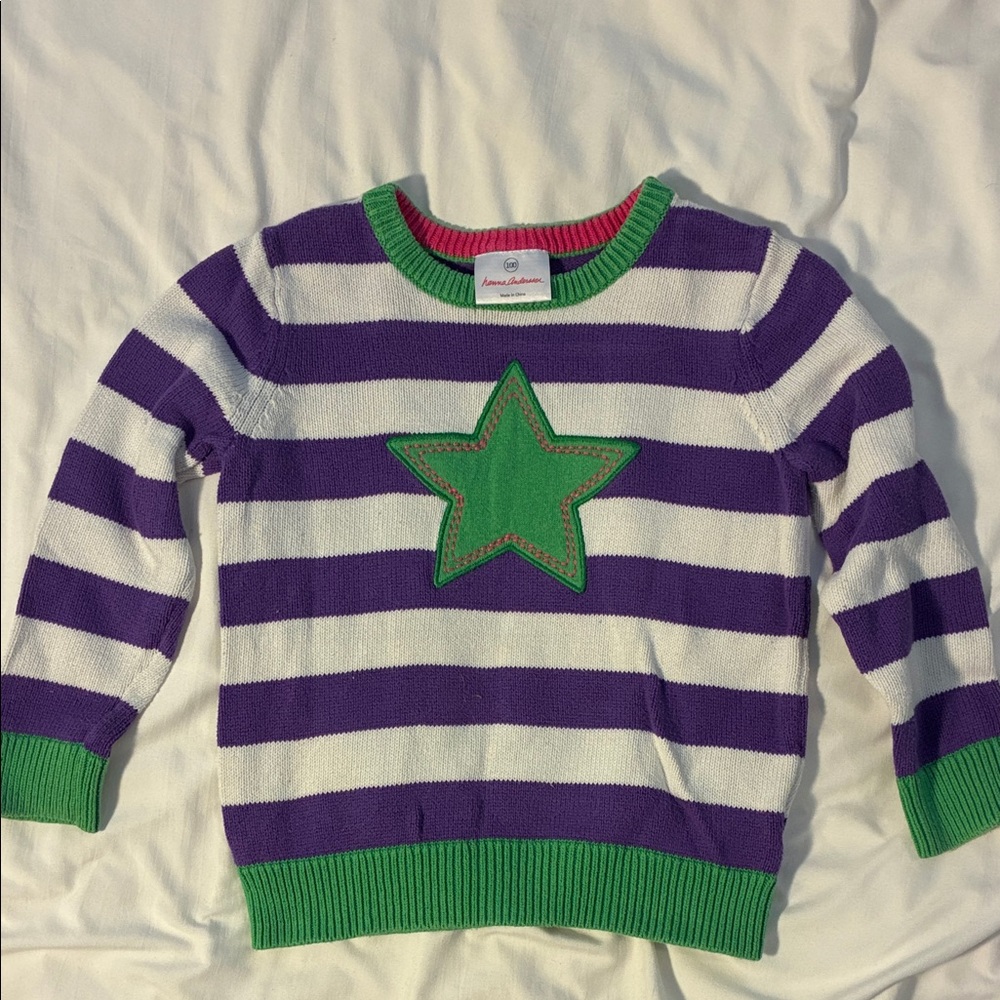 Hanna Andersson Purple and White Striped Sweater with Green Star
